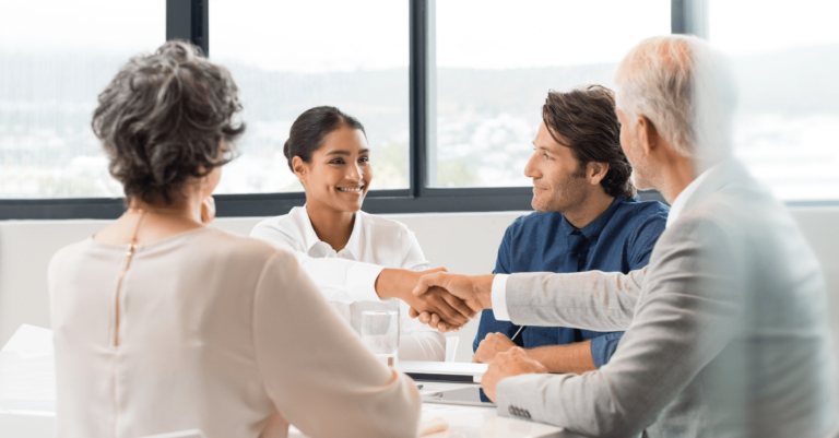 career change handshake people in meeting