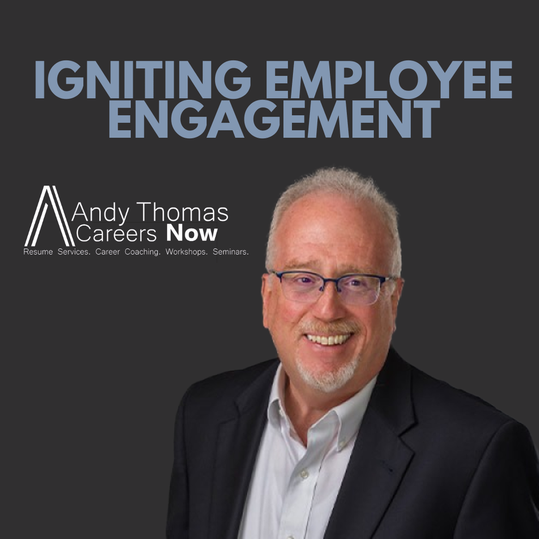 andy thomas at a keynote speaking seminar with the text "igniting employee engagement"