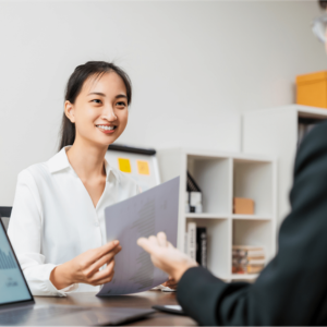 female smiling during career coaching session