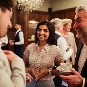 two males and female networking at a coffee event