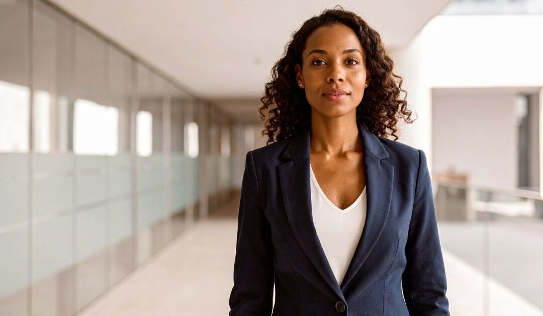 female executive leader in blue blazer and white shirt standing in a power stance