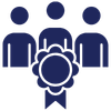 Icon of a blue family: four adults standing behind a smaller child, representing a family.