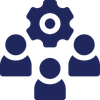 Icon of four people connected around a central gear, symbolizing teamwork and collaboration.