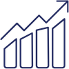 Blue bar chart with increasing bars and an upward-trending line arrow, indicating growth or progress in analytics.